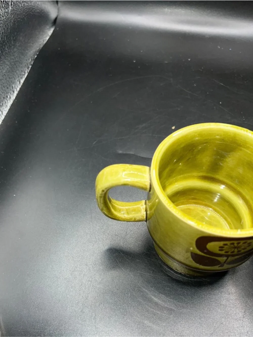Set Of 2 Vintage Avocado Green Ceramic Stackable Mugs Floral Japan Mid Century